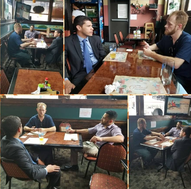 Archival photographs of business meetings around tables, with people talking and working through ideas.