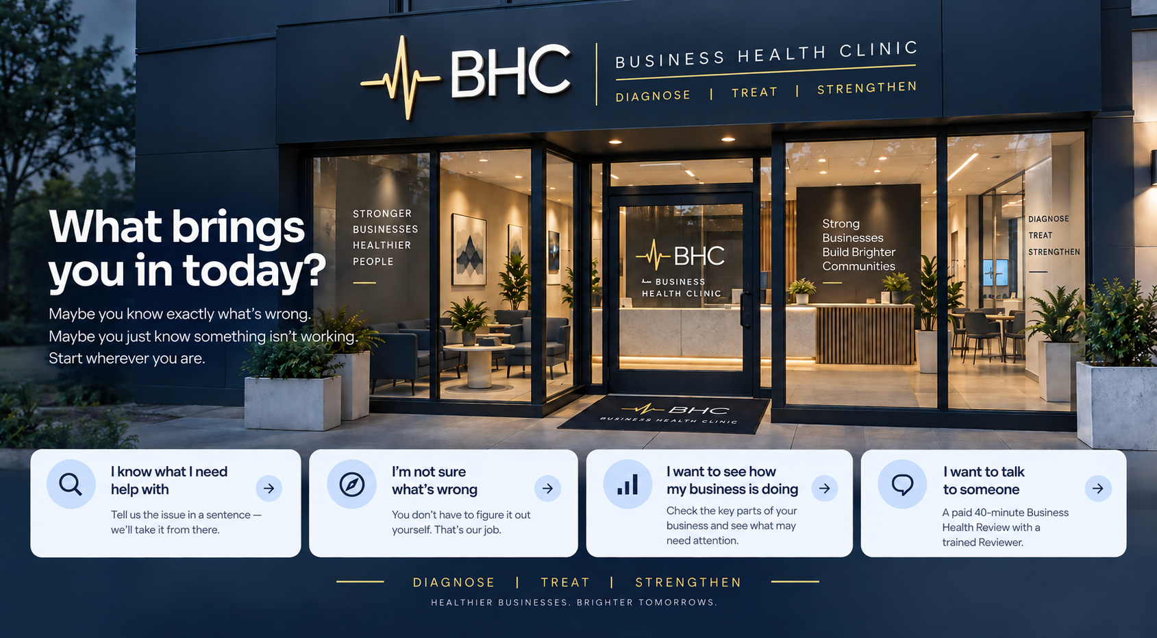 Business Health Clinic storefront with illuminated BHC signage