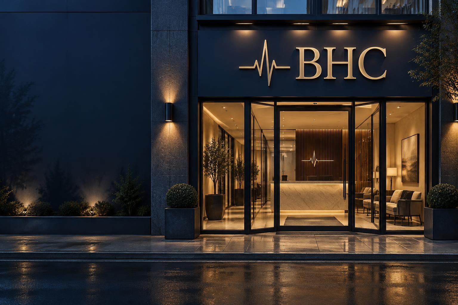 An illuminated Business Health Clinic entrance at dusk
